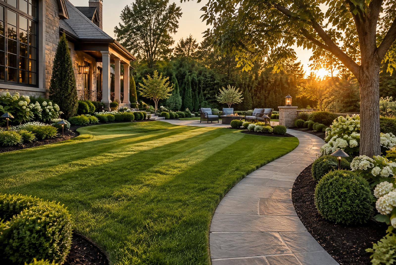 Freshly striped lawn with crisp edges at sunset